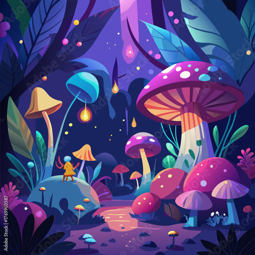 Enchanting mushroom forest with a tiny figure under a magical light
