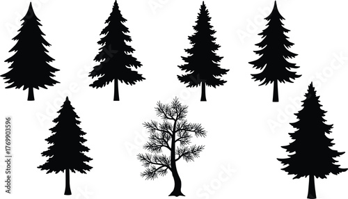 Tree silhouettes, coniferous forest, central pine, nature contrast, evergreen pattern, wilderness art, botanical illustration, outdoor scene, landscape design, vector pack