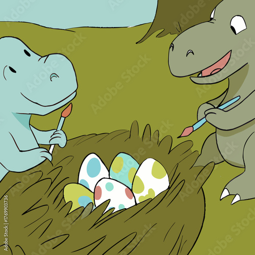 Two dinosaurs are painting easter eggs in a nest on a sunny day outdoors