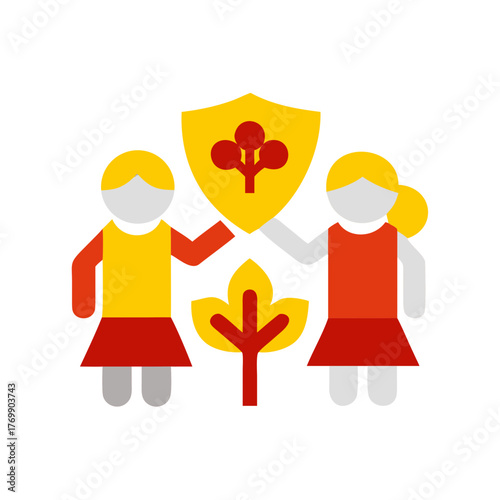 Two individuals protect nature with a shield and a tree