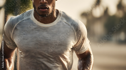Close-Up of a Man Jogging Outdoors with his T-shirt wet from sweat. Droplets of sweat and sunlight emphasize the intensity and energy of the workout.