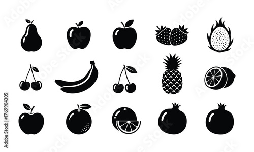 Minimalist black silhouette illustration of a diverse fruit collection including pear, apple, banana, pineapple, and citrus arranged in a grid