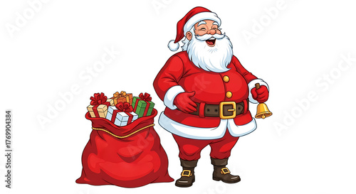 Cheerful Cartoon Santa Claus with a White Beard Red Suit and Bell.
