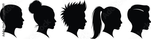 Vector illustration of human head silhouettes in profile view featuring various hairstyles, male and female face collection for design and creativity concepts