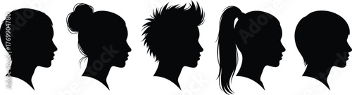 Vector illustration of human head silhouettes in profile with different hairstyles, male and female faces collection for design and creativity