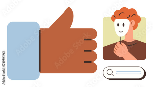 Thumbs-up hand symbol, person holding smiling mask near face, and search bar icon. Ideal for approval, identity, authenticity, online interaction, recognition review critique. A simple flat