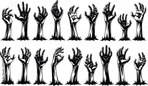 Vector illustration of zombie hands rising from the ground, horror Halloween design, scary undead arms collection, spooky monster concept for dark art