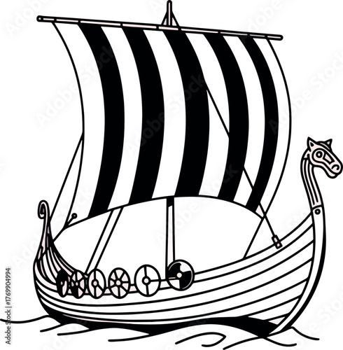 Black and White Viking Ship Illustration with Curved Sail on Water