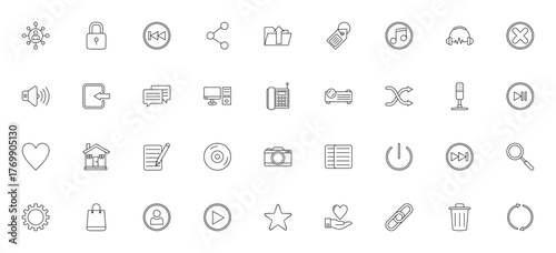 Multimedia icon set. Communication, padlock, share, usic, camera, settings vecor icons. Web, tech, mediasymbols pack. Editable strke.