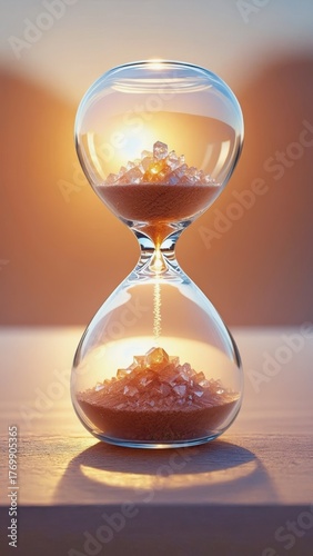 A single grain of sand captures golden light within an hourglass, showcasing intricate details in shallow depth of field.