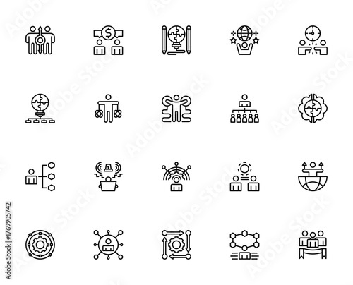 Work Skills icon set. Vector illustration. Professioal development, negotiatio, planning strategy, teamwrk, problem solving, commuication, management and moe.