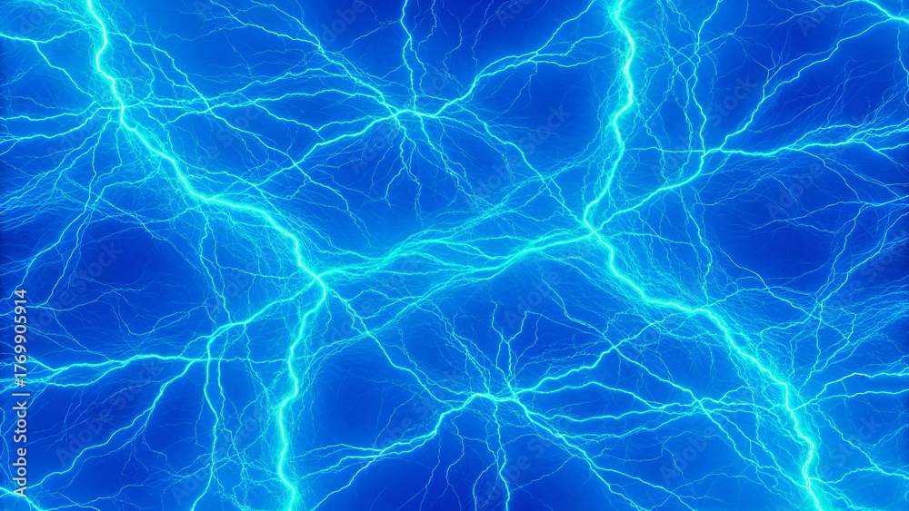 Fototapeta premium Dynamic Blue Lightning Energy Power Background,Abstract Cyan Electric Discharge Pattern,Vibrant Plasma Electricity Bolts Texture
