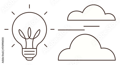 Lightbulb radiating ideas alongside abstract rounded clouds. Ideal for creativity, innovation, brainstorming, abstract thinking, technology, inspiration, growth. Minimalistic flat metaphor