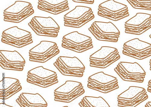Seamless pattern of hand drawn sandwiches in doodle style. Brown and white food background with sketch bread and layers of fillings. Perfect for cafe branding, packaging design, and restaurant