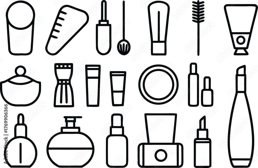 Obraz premium Minimalist line art vector icons set of cosmetic makeup and skincare products