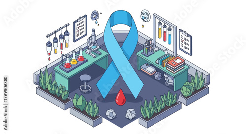 Abstract light blue ribbon represents prostate cancer awareness and medical research in 3d isometric layout vector