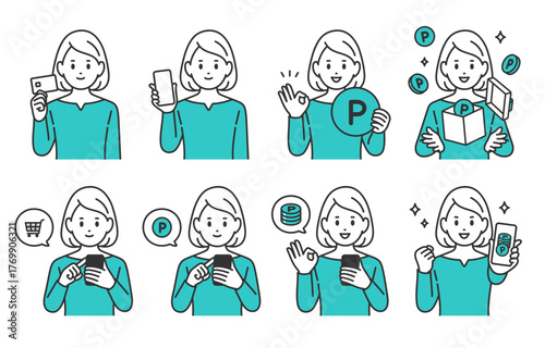 クレジットカードやスマホで買い物をする･ポイントを貯める若い女性のセット【人物ベクターイラスト素材】