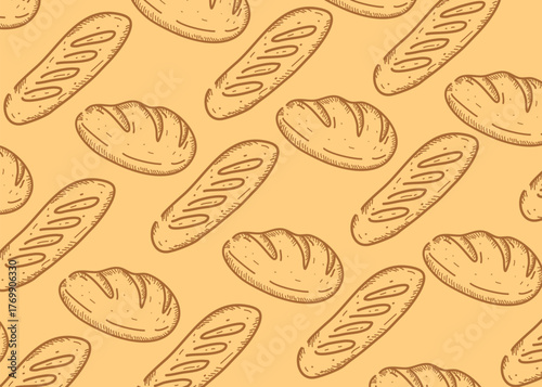 Seamless pattern of hand drawn bread and baguette in doodle style. Brown line illustration on cream background, perfect for bakery branding, packaging, wrapping paper, and cafe decoration
