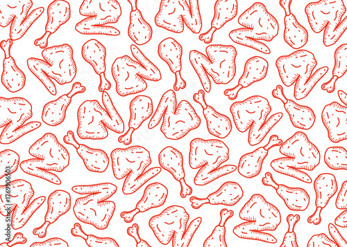 Seamless pattern of hand drawn fried chicken drumsticks and wings in doodle style. Red and white food background with sketch texture. Perfect for restaurant design, food packaging