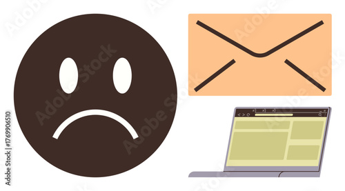 Brown sad face emotion alongside an email icon and laptop screen representing unsuccessful online interaction. Ideal for communication, feedback, disappointment, technology, workplace, messaging