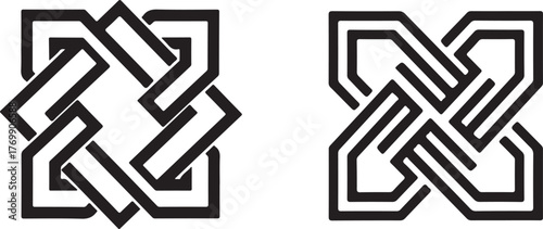 Abstract Geometric Knot Patterns, Interlaced Black Line Art, Symmetric Design