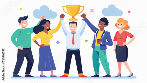 diverse coworkers raising trophy together symbolize.