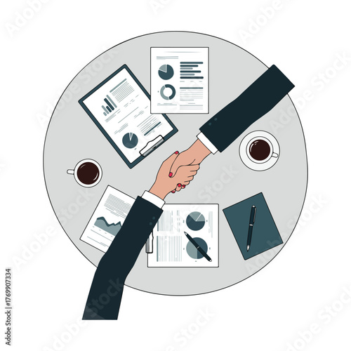 Business partners shaking hands over a table with documents and coffee cups.