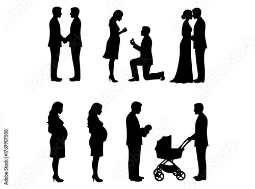 Silhouette collection of a couple's life journey from proposal and wedding to pregnancy and family