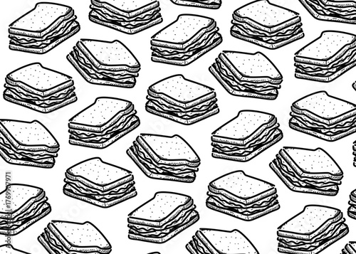 Seamless pattern of hand drawn sandwiches in doodle style. Black and white food background with sketch bread and layers of fillings. Perfect for cafe branding, packaging design, and restaurant