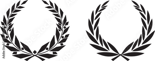 Two Black Laurel Wreaths, Smooth and Geometric Leaf Styles, Vector Set
