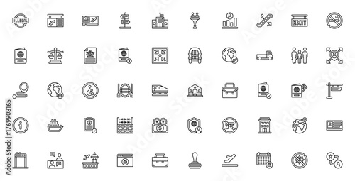 Immigration icon set. Vector illustration. Features ymbols for passport, visa,airport, global travel, la, security, and more. Editble stroke.