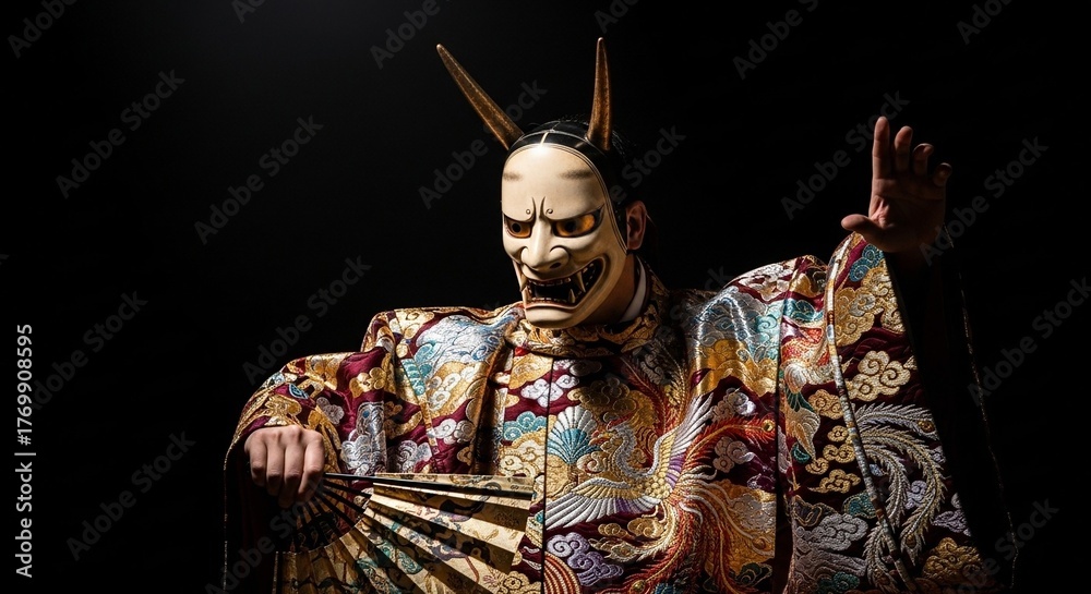Obraz premium 日本伝統の芸術：般若の面をつけて演じる能楽師
