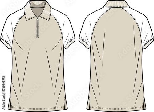 PrintTechnical flat sketch, polo shirt design, raglan sleeve, zip placket, fashion template, garment construction, apparel mockup, casual wear illustration