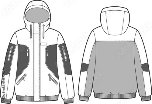 Technical jacket design, hooded outerwear, fashion sketch, garment blueprint, streetwear concept, zipper pockets, apparel mockup, textile layout, clothing illustration, style concept