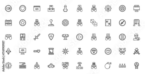 Game Development icon set. Vector illustration pack.Includes symbols for codin, gamepad, VR, trophy, shild, sword, puzzle, casino nd more. Editable stroke.