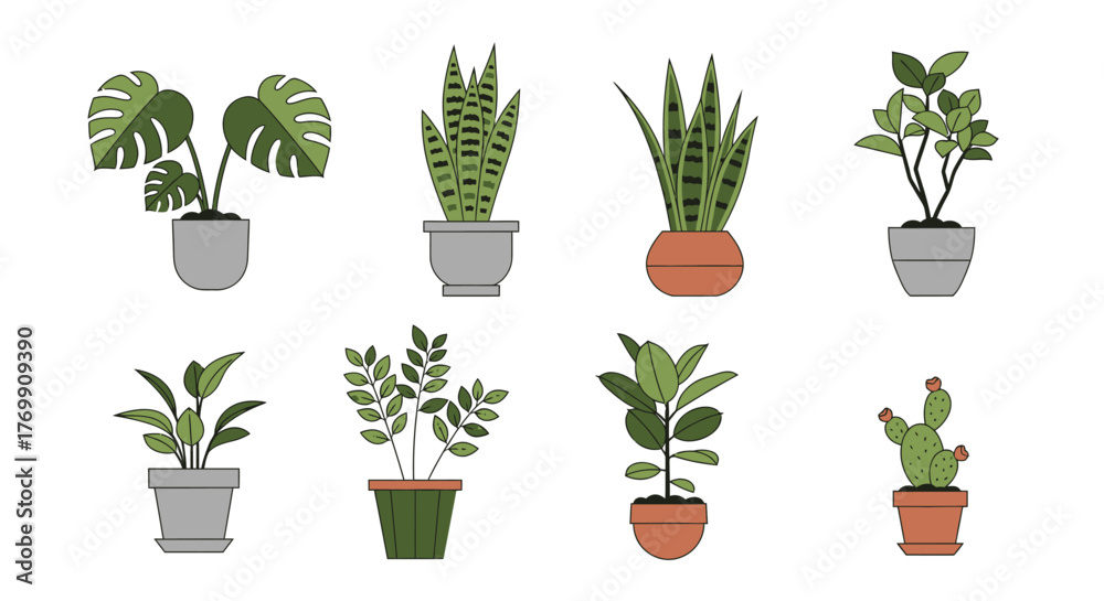 Fototapeta premium Assorted houseplants in pots graphic design element illustration