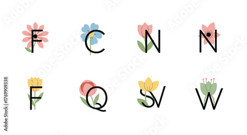 Floral Alphabet Letters Whimsical Botanical Decorative Designs Isolated