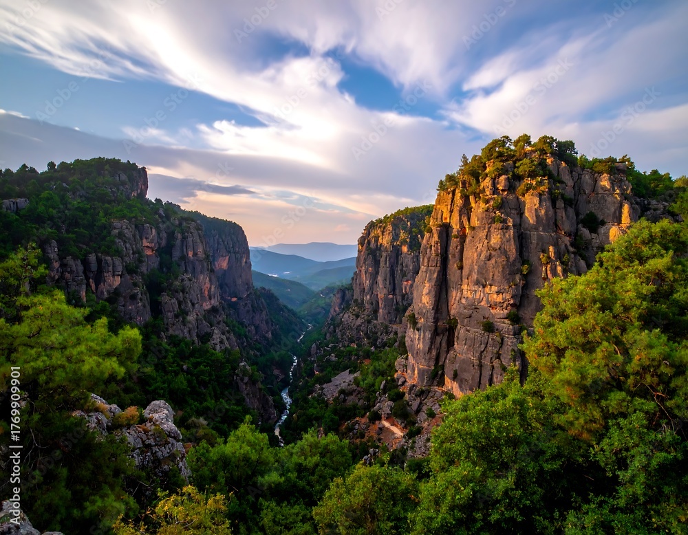 Naklejka premium Deep canyon landscape framed by cliffs, trees, and cloudy sky