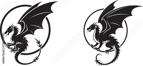Pair of Black Dragon Silhouettes within Circular Frames Vector Art