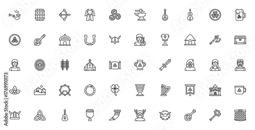 Celtic icon set. Vector symbols pack featuring shiel, sword, harp, castle, kin arthur, clover, beer and ore. Editable stroke illusration.