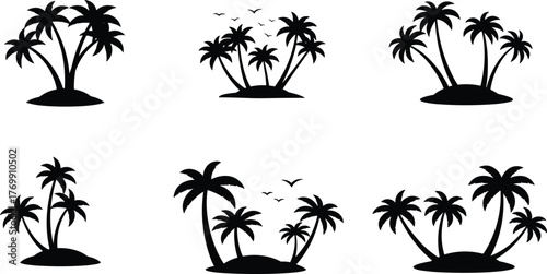 Tropical island silhouette, palm tree landscape, exotic beach scene, summer vacation vibe, minimal nature art, birds flying, paradise illustration