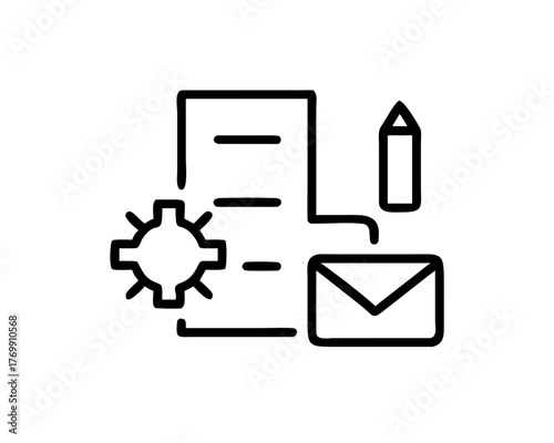 Document with gear, pencil and envelope