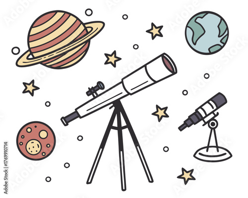 Illustration of planets, stars, and telescopes