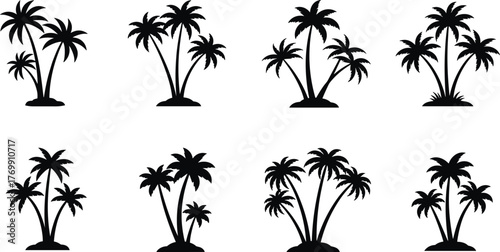 Tropical palm tree silhouette collection, black and white island illustration, beach nature design, exotic summer plant art, vacation tropical landscape graphic