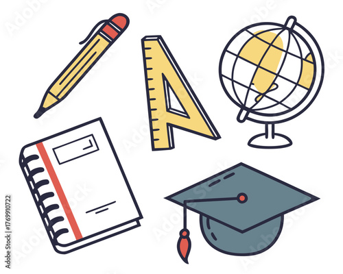 Illustration of school supplies including book, pencil, globe, and graduation cap
