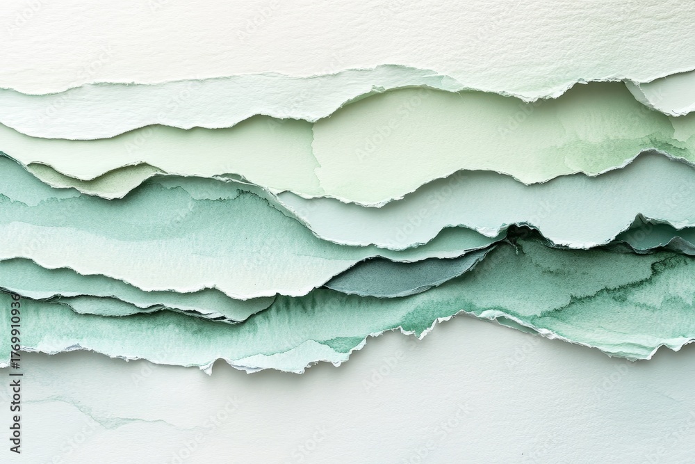 Obraz premium Layered torn paper pieces create a textured landscape of soft, muted greens and whites.