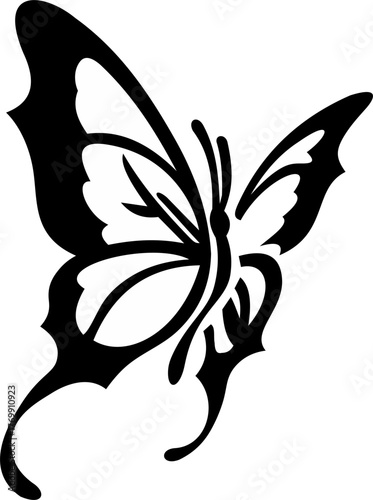 Simple vector image with black butterfly object and white background as inspiration for tattoo or tribal design as well as for other art needs