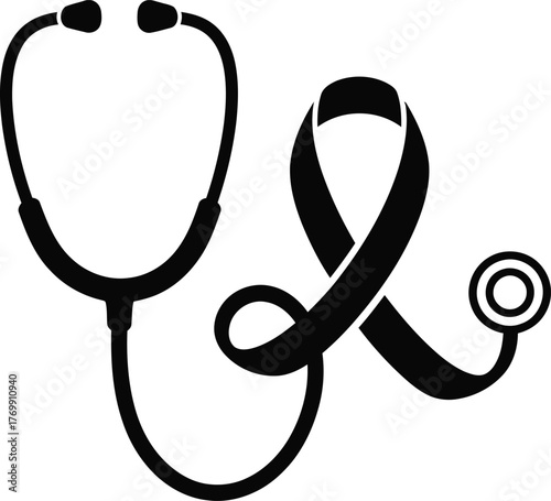 Symbol of health awareness and medical care with a stethoscope intertwined with a ribbon isolated on transparent background