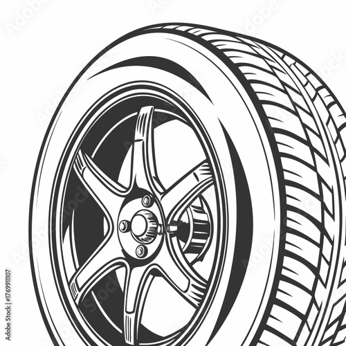 Closeup of a car wheel, showcasing its sleek design