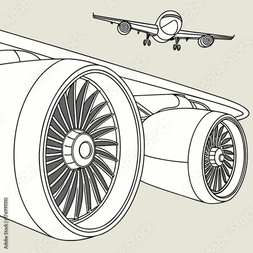 Closeup of airplane engines with plane in sky